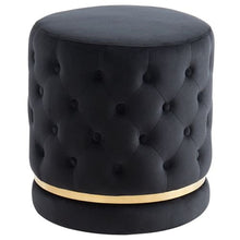 Load image into Gallery viewer, OTTOMAN-BLACK &amp; GOLD VELVET BUTTON-TUFTED ROUND OTTOMAN W/ SWIVEL BASE
